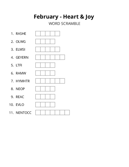 February - Heart & Joy Word Scramble Puzzle