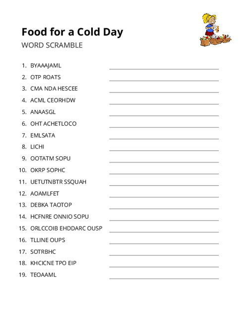 Food for a Cold Day Word Scramble Puzzle