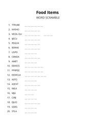 Food Items word scramble puzzle
