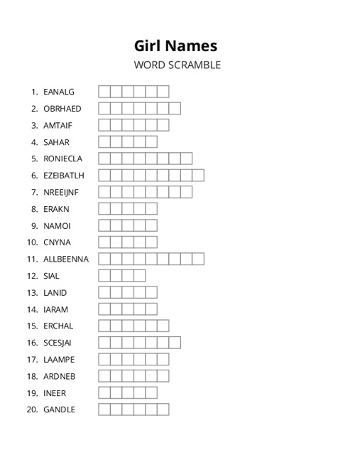 Girl Names Word Scramble Puzzle