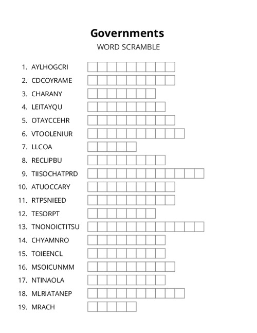 Governments Word Scramble Puzzle
