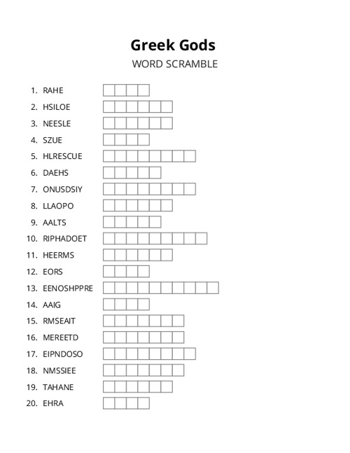 Greek Gods Word Scramble Puzzle