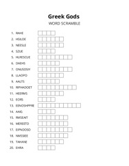 Greek Gods word scramble puzzle