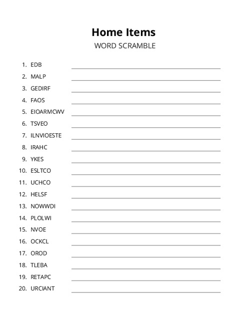 Home Items Word Scramble Puzzle