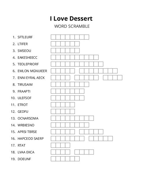 I Love Dessert Word Scramble Puzzle