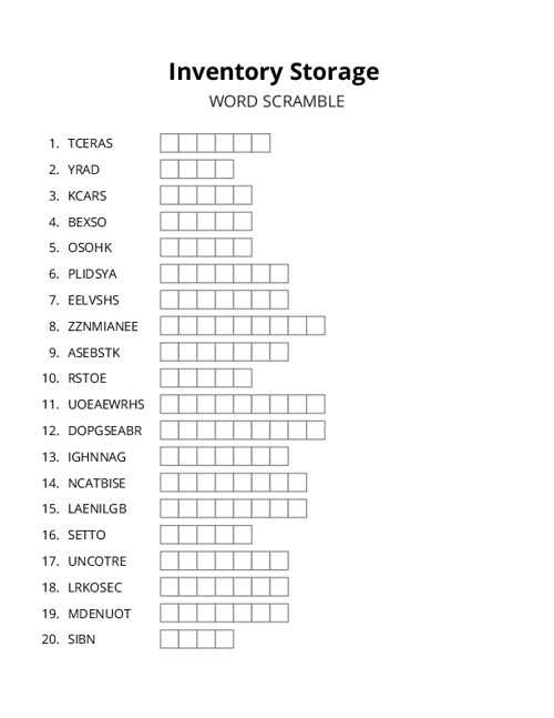 Inventory Storage Word Scramble Puzzle