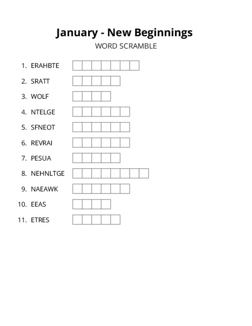 January - New Beginnings Word Scramble Puzzle