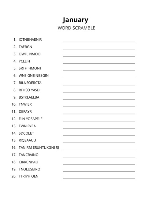 January Word Scramble Puzzle