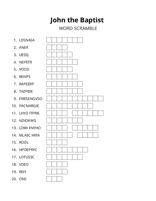 John the Baptist Word Scramble Puzzle