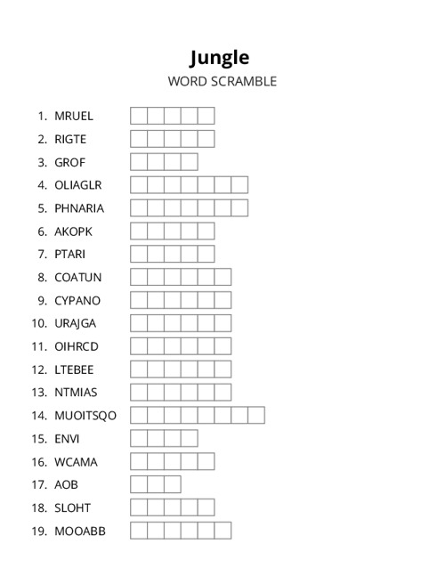 Jungle Word Scramble Puzzle