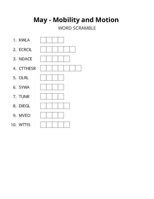 May - Mobility and Motion Crossword Puzzle
