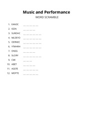 Music and Performance word scramble puzzle