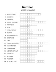 Nutrition word scramble puzzle