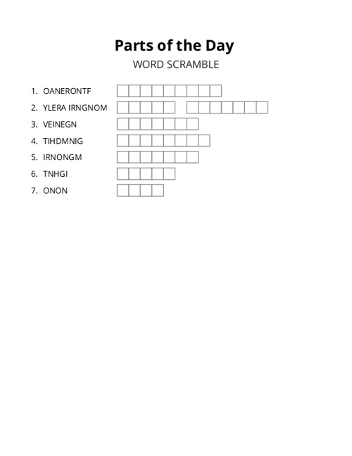 Parts of the Day Word Scramble Puzzle