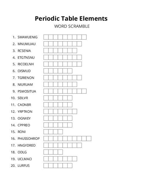 Periodic Table Elements Word Scramble Puzzle