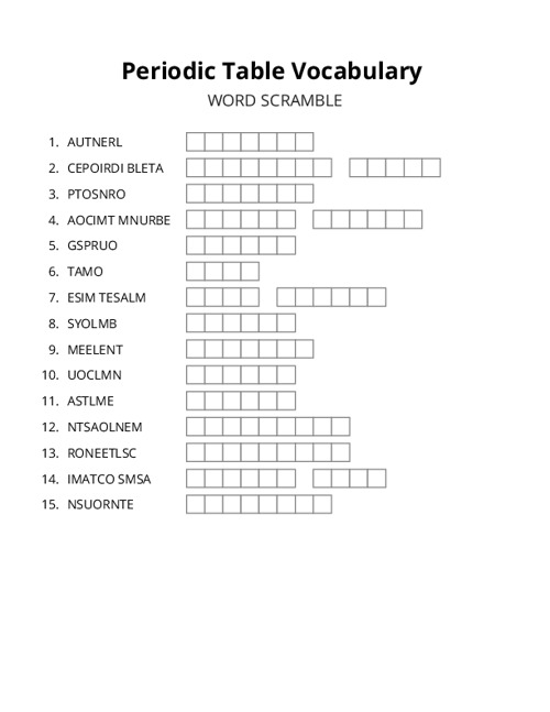 Periodic Table Vocabulary Word Scramble Puzzle
