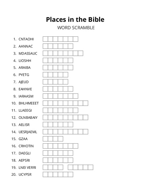 Places in the Bible Word Scramble Puzzle