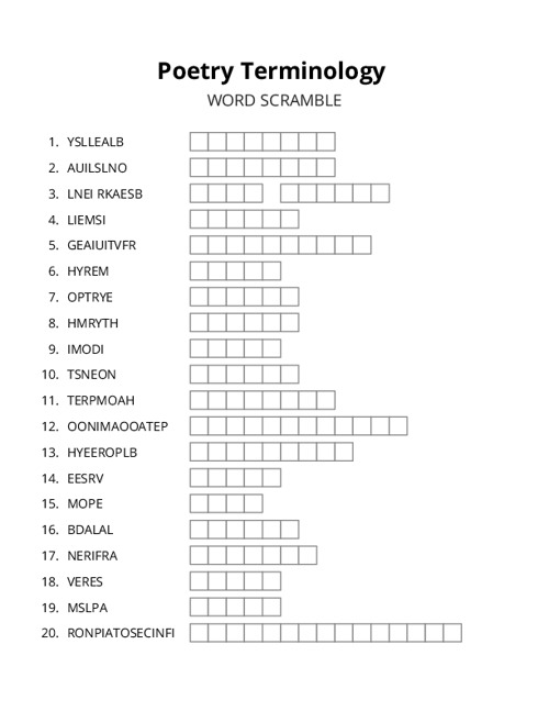 Poetry Terminology Word Scramble Puzzle