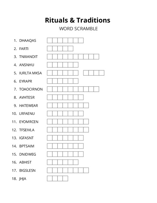 Rituals & Traditions Word Scramble Puzzle