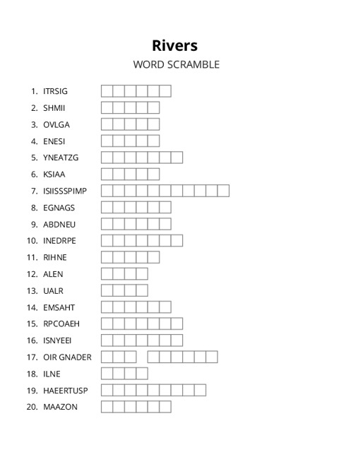 Rivers Word Scramble Puzzle
