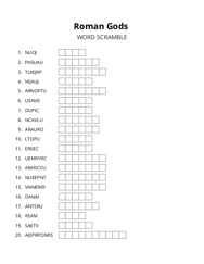 Roman Gods word scramble puzzle