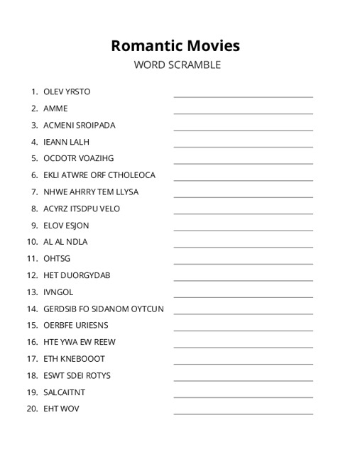 Romantic Movies Word Scramble Puzzle