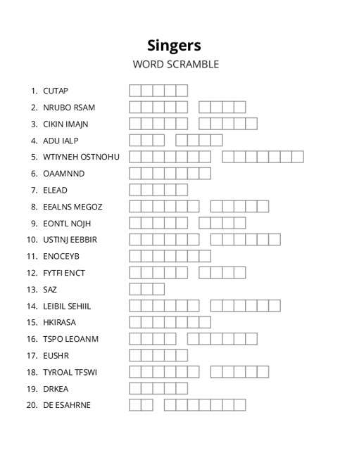 Singers Word Scramble Puzzle