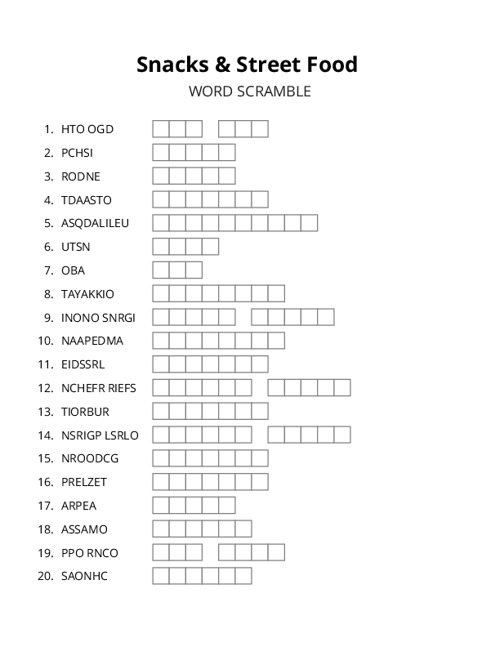 Snacks & Street Food Word Scramble Puzzle