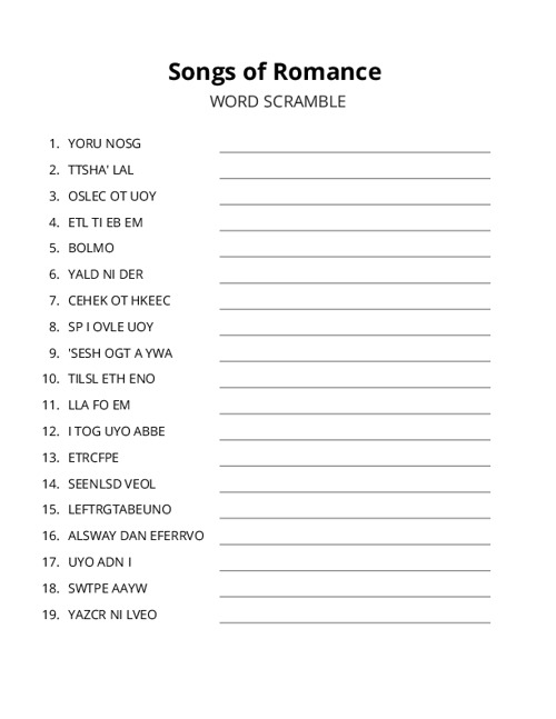 Songs of Romance Word Scramble Puzzle