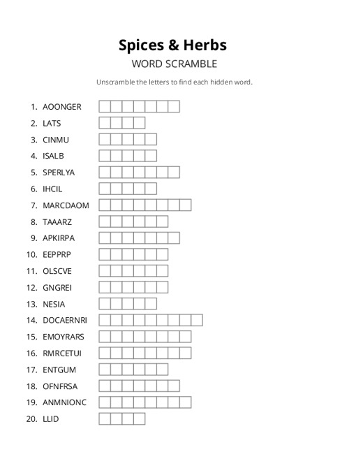 Spices & Herbs Word Scramble Puzzle