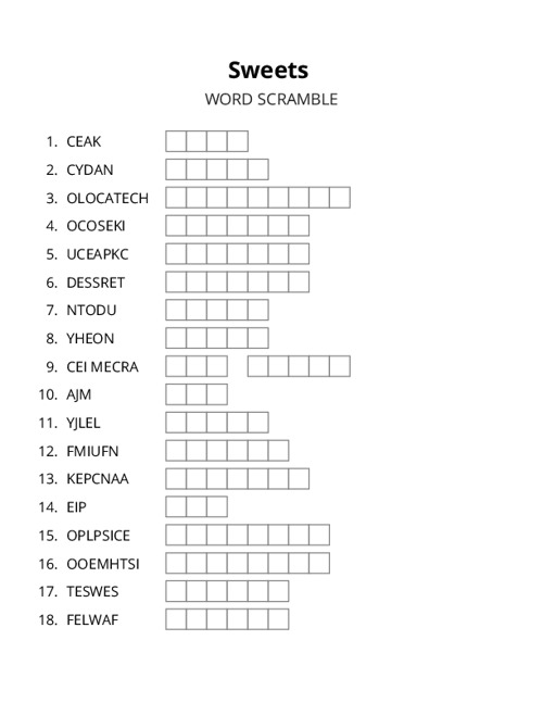 Sweets Word Scramble Puzzle