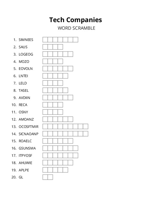 Tech Companies Word Scramble Puzzle
