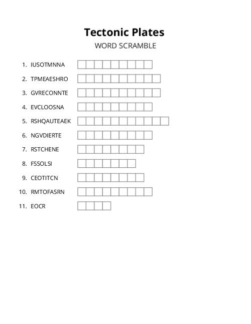 Tectonic Plates Crossword Puzzle