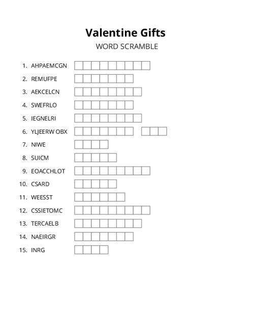 Valentine Gifts Word Scramble Puzzle