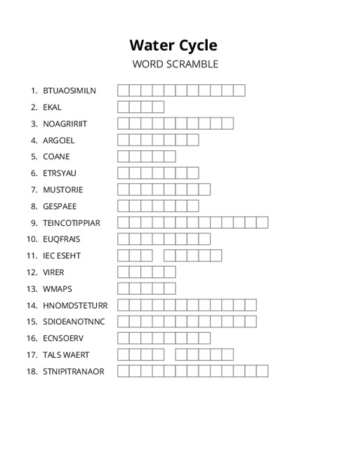 Water Cycle Word Scramble Puzzle