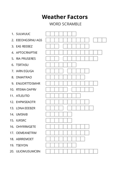 Weather Factors Word Scramble Puzzle