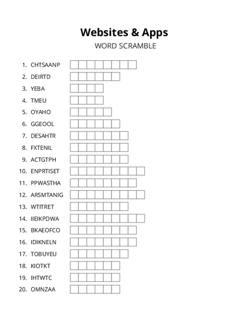 Websites & Apps Word Scramble Puzzle