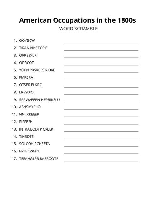 American Occupations in the 1800s Word Scramble Puzzle