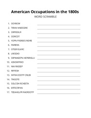 American Occupations in the 1800s word scramble puzzle