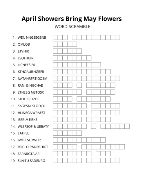 April Showers Bring May Flowers Word Scramble Puzzle
