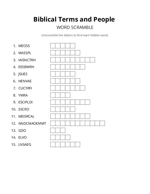 Biblical Terms and People Word Scramble Puzzle