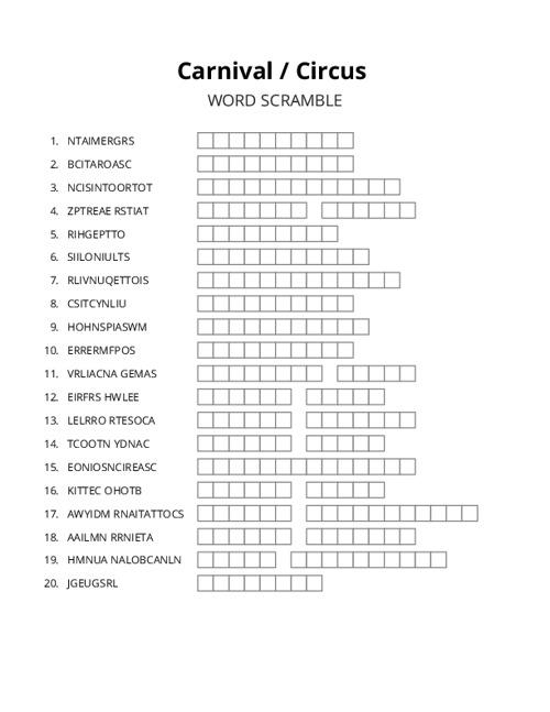 Carnival / Circus Word Scramble Puzzle