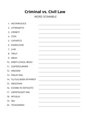 Criminal vs. Civil Law word scramble puzzle