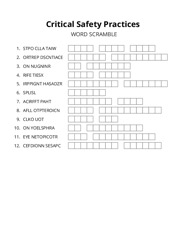 Critical Safety Practices word scramble puzzle