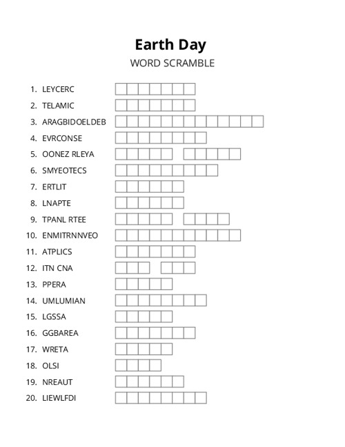Earth Day Word Scramble Puzzle