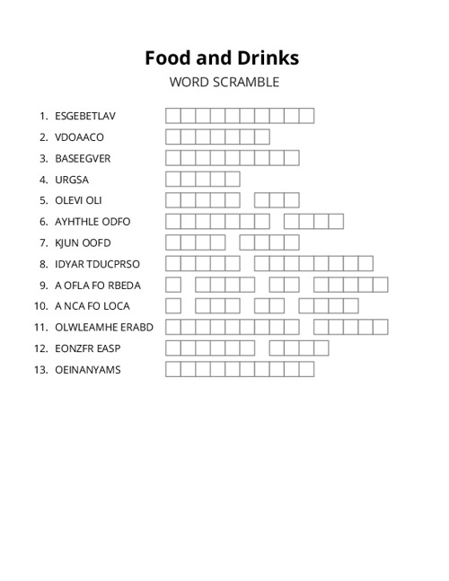 Food and Drinks Word Scramble Puzzle