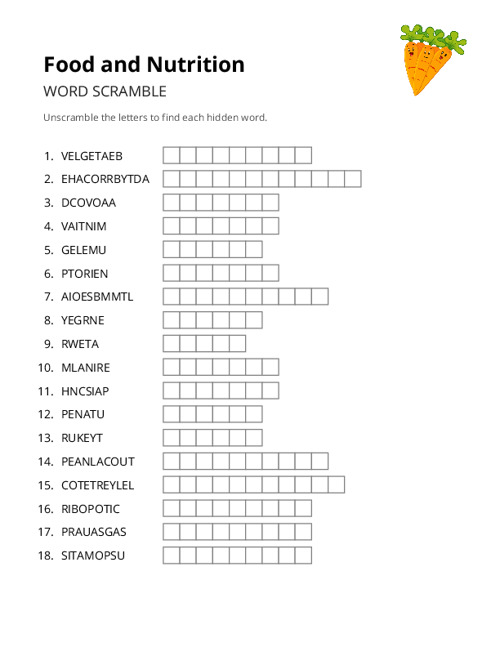 Food and Nutrition Word Scramble Puzzle
