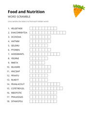 Food and Nutrition word scramble puzzle