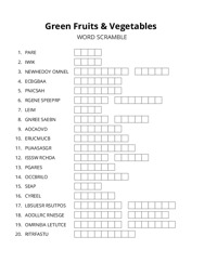 Green Fruits & Vegetables word scramble puzzle