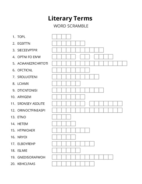 Literary Terms Word Scramble Puzzle